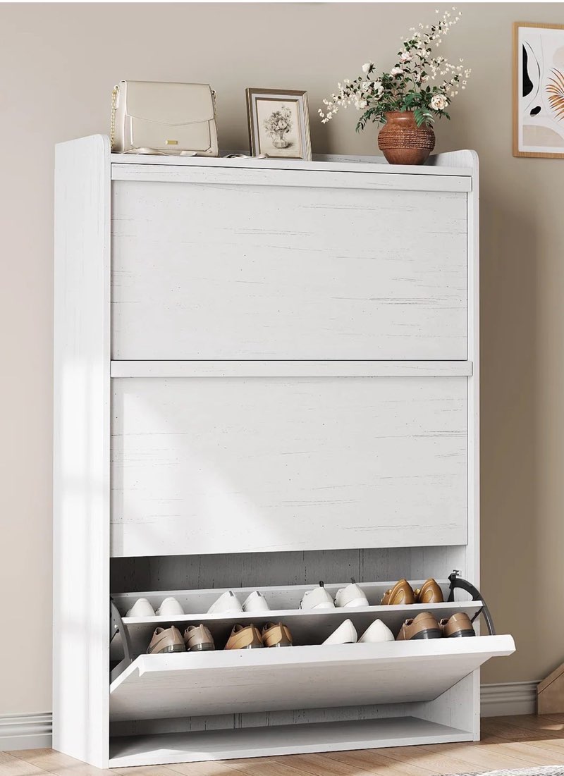 garvee shoe cabinet with 3 flip drawers, modern shoe storage for entryway, wooden shoe organizer cabinet with adjustable shelf, hidden shoe rack for hallway, living room, white
