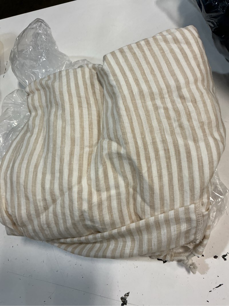 Condition photo showing As Is for quince european linen stripe duvet cover, full/queen, natural/white stripe