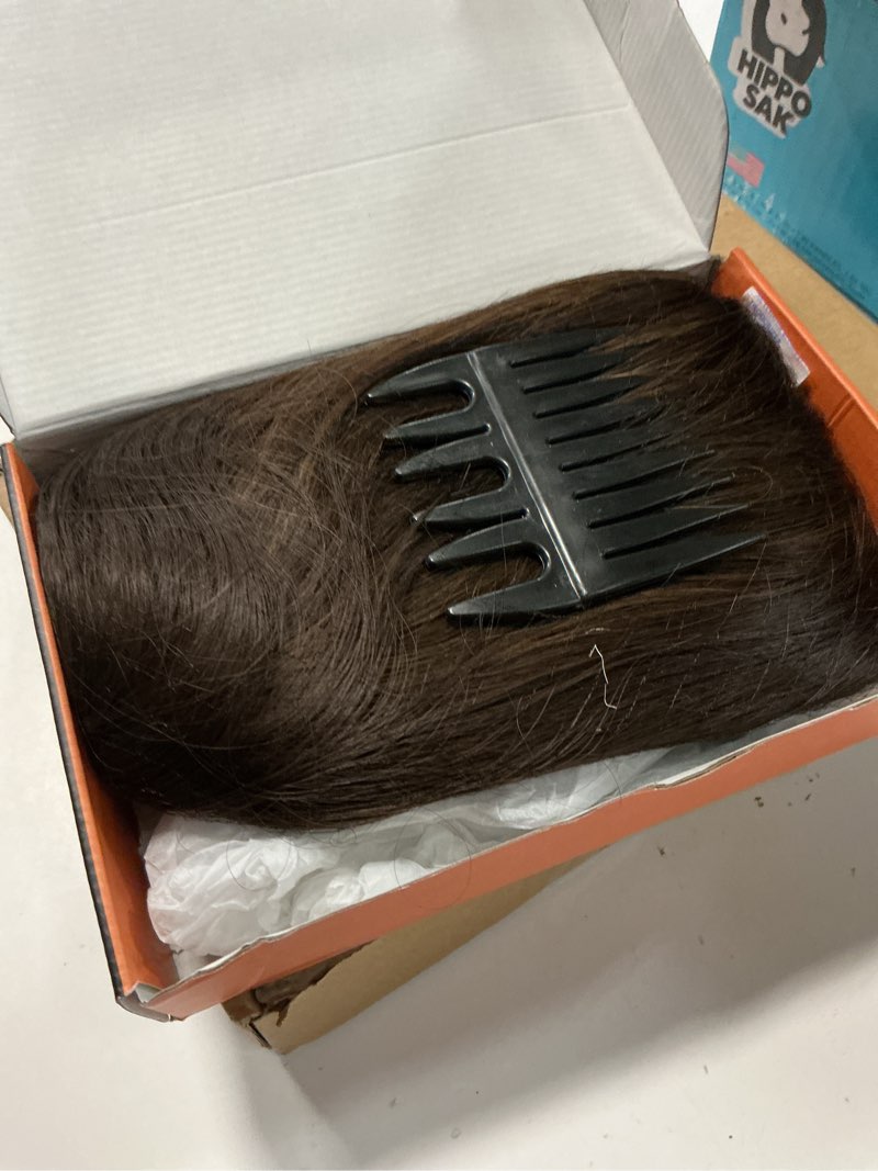 Condition photo showing Good Condition for haloo brown short bob wigs with bangs shoulder length wavy layered flipped ends natural looking medium synthetic hair wig for women daily party, 14 inch brown with highlights