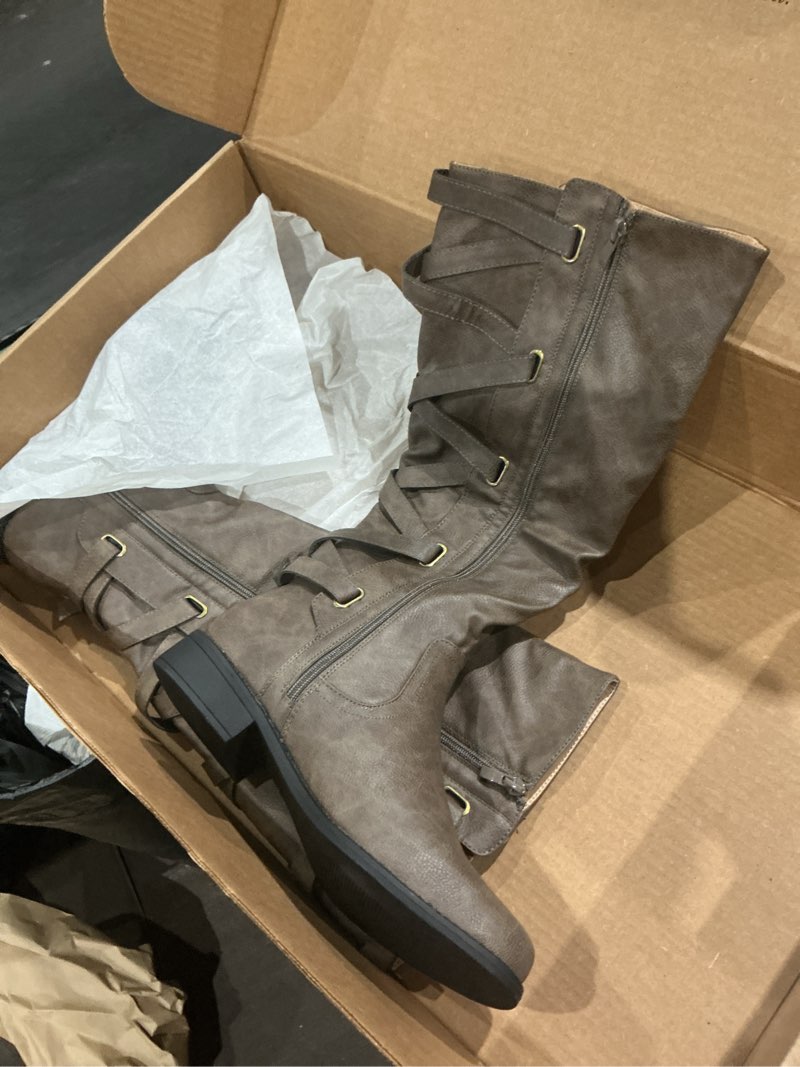 Condition photo showing New/Like New for syktkmx womens strappy motorcycle knee high boots winter lace up riding flat low heel shoes 9 1/2 light grey