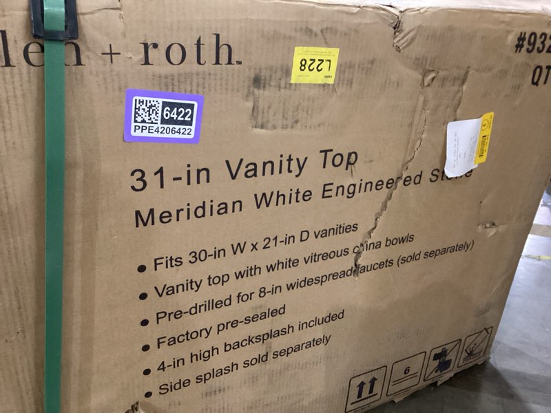 Condition photo showing As Is for allen + roth meridian 31-in white/polished engineered marble single sink bathroom vanity top