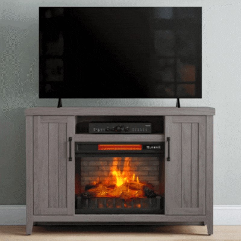 style selections 48-in w iron oak free standing infrared quartz flat wall electric fireplace with
