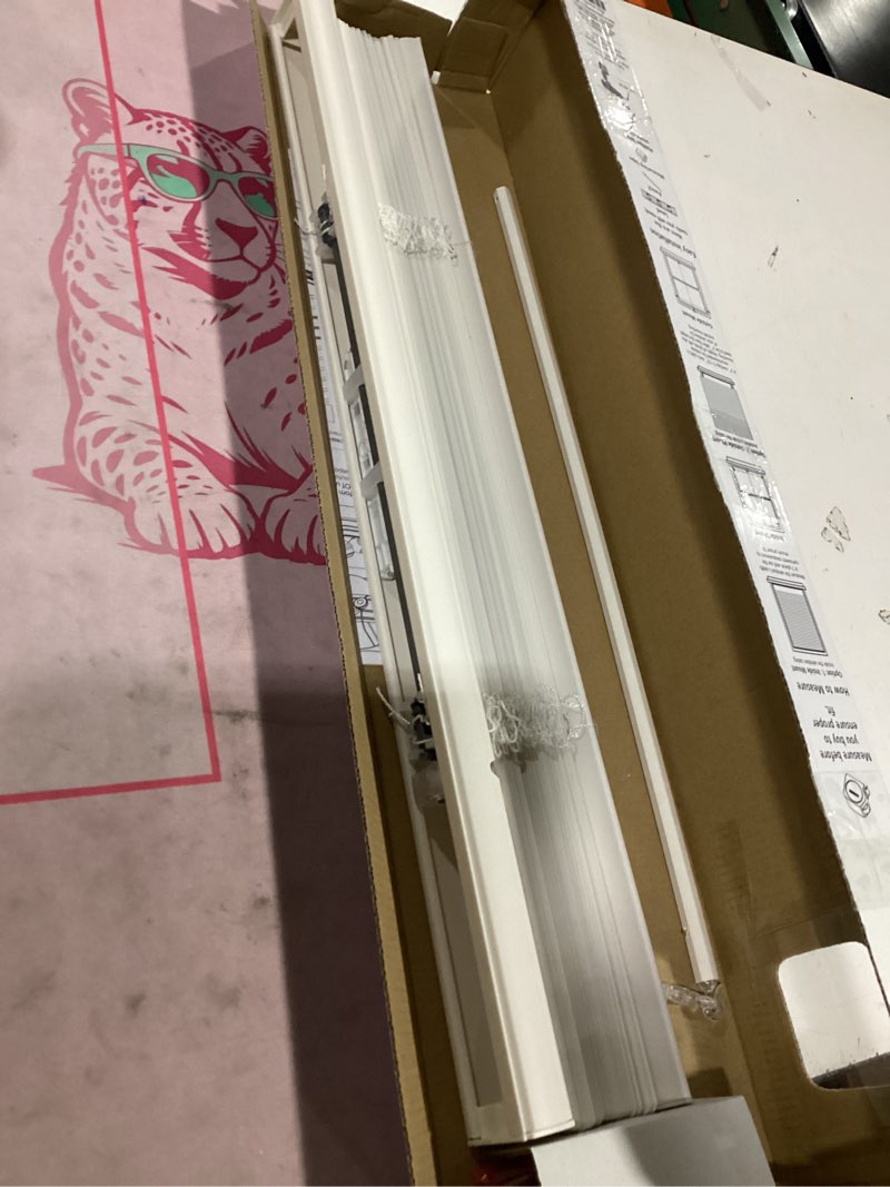 Condition photo showing New/Like New for mainstays 1" cordless vinyl light filtering blinds, 1-piece, white, 23" w x 64" l