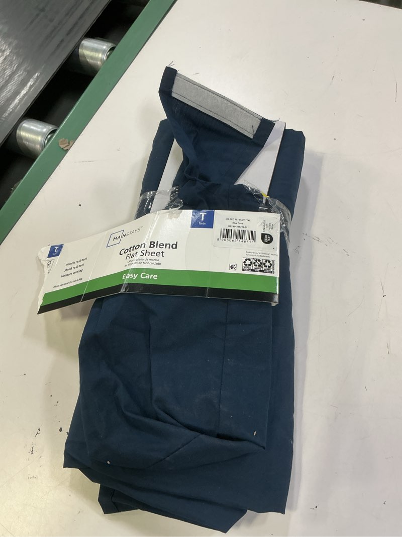 Condition photo showing As Is for mainstays 300 thread count easy care percale flat sheet, blue cove, twin/twin xl