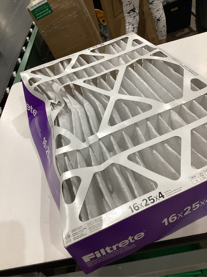 Condition photo showing As Is for filtrete 16" x 25" x 4" allergen bacteria and virus deep pleat air filter 1550 mpr: merv 12 electrostatic furnace filter