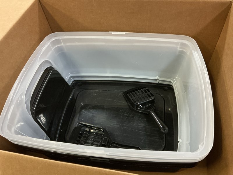 Condition photo showing As Is for IRIS USA 2 Pack Large Open Top Cat Litter Box with High Sides, Scatter Shield & Scoop, Black, for Indoor Cats, Kittens or Multicat Homes