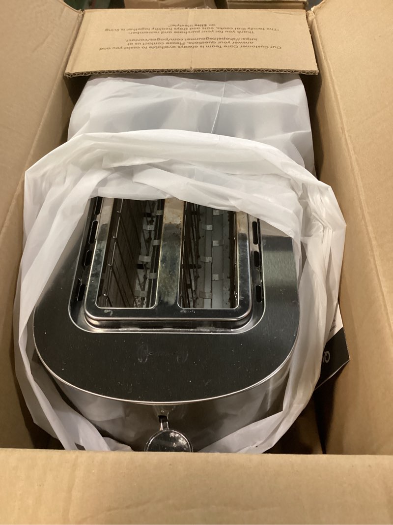 Condition photo showing As Is for Elite Gourmet ECT4123 Long Slot 4 Slice Toaster, Extra Wide 1.5" and 5.1" Deep Slots, Bagel, Defrost & Cancel Functions, 6 Toast Shade Settings, Fits Bagels, Waffles, Artisan Breads, Stainless Steel 4 Slice Stainless Steel