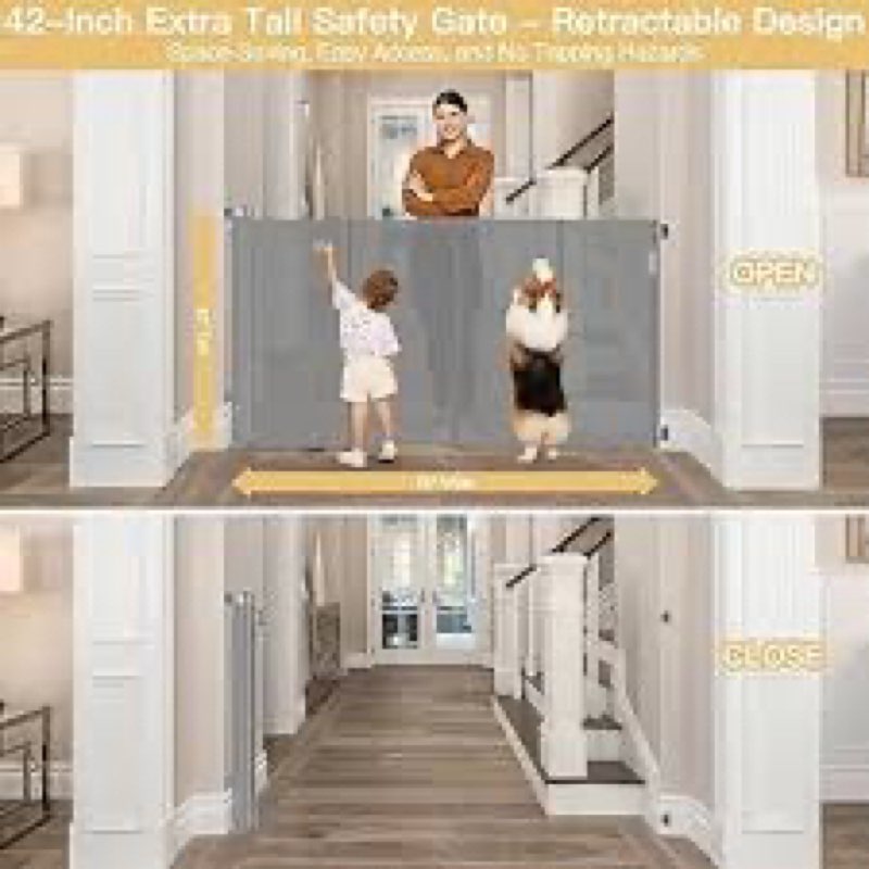 (defective)Reinforced 42" Extra Tall Baby Gate 55" Wide Retractable Dog Gate with Support Rods - Bottom Anti-Es