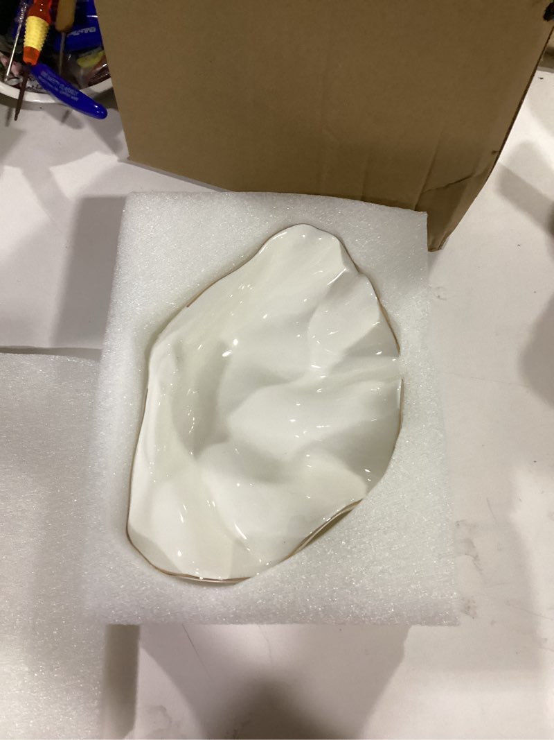 Condition photo showing New/Like New for Sea Shells Decorative Bowl - 7.9 in White Clam Shell Dish, Fruit Holder, Key Tray, Candy Dish, Coastal Ocean Centerpieces for Entryway, Living Room, Bathroom, Beach House, Nautical, Shelf Decor White - 7.9 in