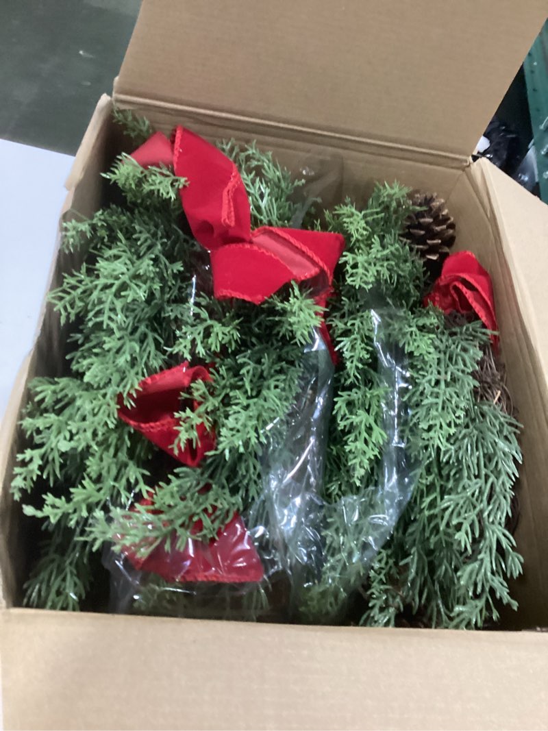 Condition photo showing Good Condition for Janinka 4 Pcs Christmas Wreath for Windows 11.8 Inch Christmas Window Decorations Cabinet Wreaths with Red Bow Greenery Artificial Hanging Garlands for Fireplaces Window Home (Cedar)