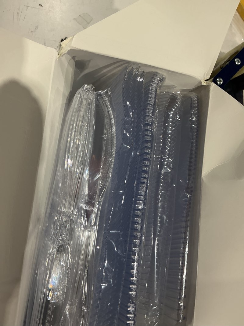 Condition photo showing As Is for 300 count heavy duty clear plastic silverware, disposable plastic utensils set, 100 forks, 100 spoons, 100 knives, bpa-free heat resistant durable plastic cutlery set for party