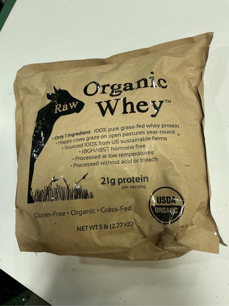 Condition photo showing New/Like New for (best by 12/11/2027) raw organic whey protein powder, grass fed, unflavored – 1 ingredient, no additives or fillers, undenatured, made in usa, 5 lb 5 pound (pack of 1)