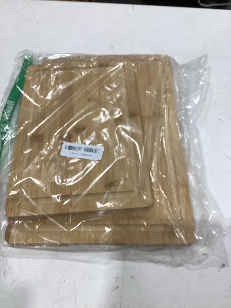 Condition photo showing As Is for hiware 2 piece bamboo cutting boards for kitchen, heavy duty bamboo cutting board with juice groove, wood cutting board set for meat, vegetables