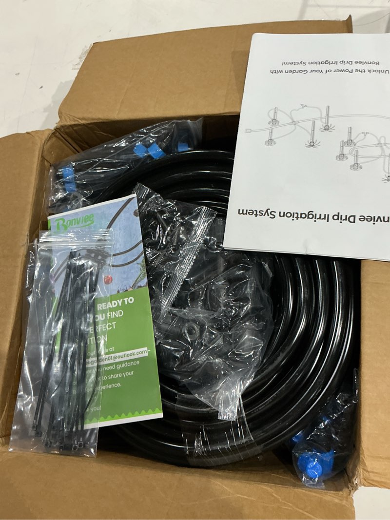 Condition photo showing New/Like New for bonviee 247ft drip irrigation system, automatic garden watering system kit with 50ft 5/16” & 1/4” drip tubing, quick-to-connect fittings, adjustable drip emitters for raised beds, greenhouse, lawn 247 ft - 50 ft 5/16" tubing + 197 ft 1/4" tubing