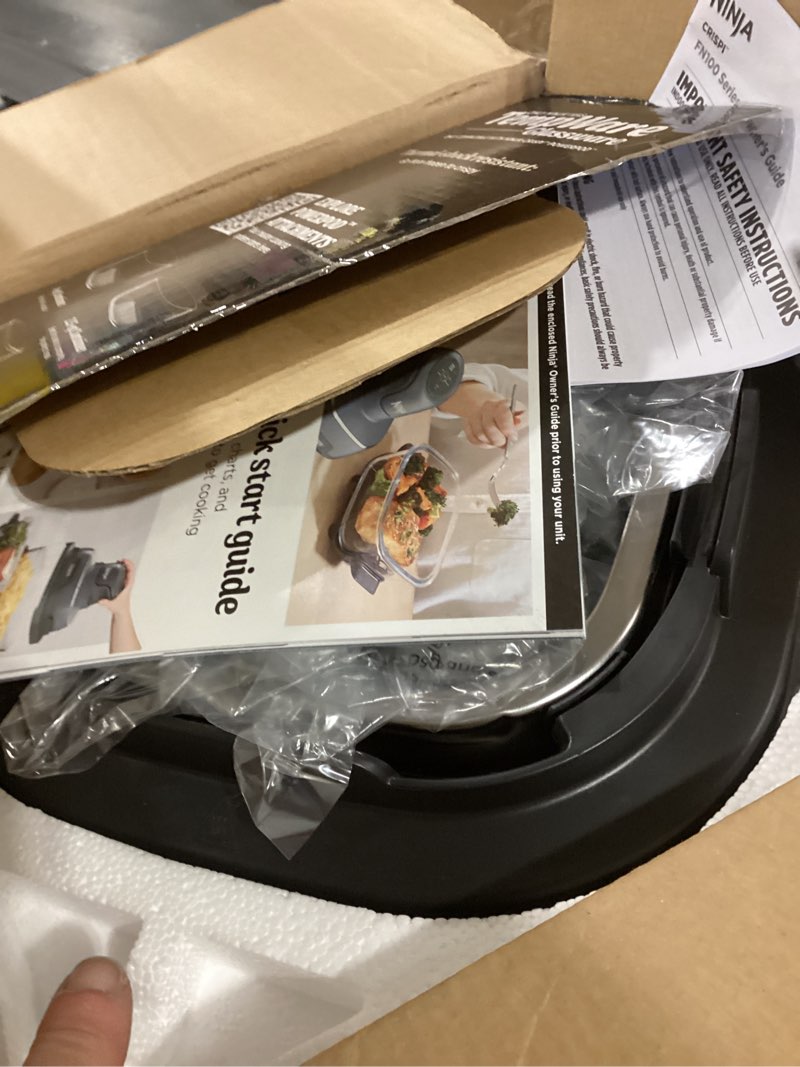 Condition photo showing New/Like New for ninja crispi 4-in-1 glass air fryer | 450°f | non-toxic | 4qt & 6-cup glass containers w/lids | microwave, freezer, dishwasher safe | max crisp, air fry, bake, recrisp | stone | fn101st stone 4 qt