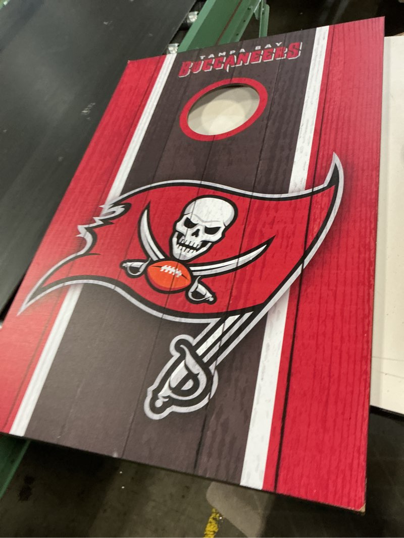 Condition photo showing As Is for tampa bay buccaneers cornhole wraps