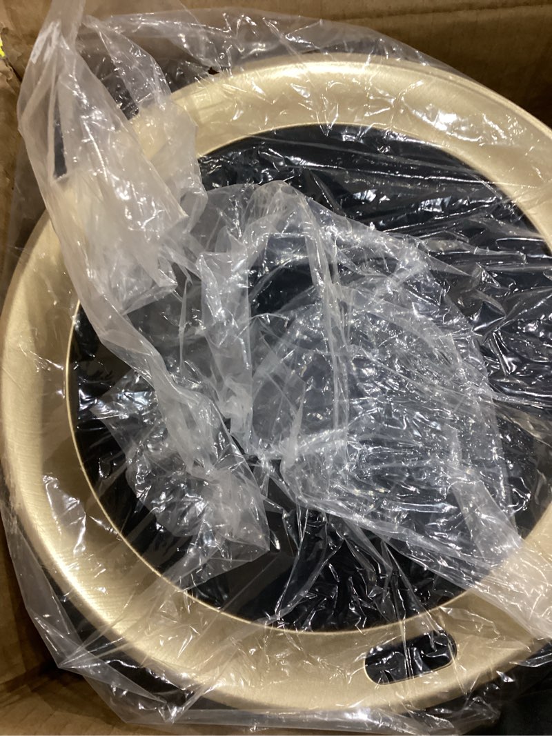 Condition photo showing As Is for URALFA Motion Sensor Trash Can, Automatic Bathroom Trash Can with Lid, Touchless Garbage Can with Legs, Small Waste Basket for Bedroom, Toilet, Office, 1.8 Gallon, Black and Gold