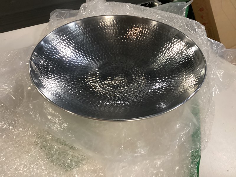 Condition photo showing New/Like New for red co. 16.5” large decorative round hammered metal pedestal centerpiece bowl in silver finish