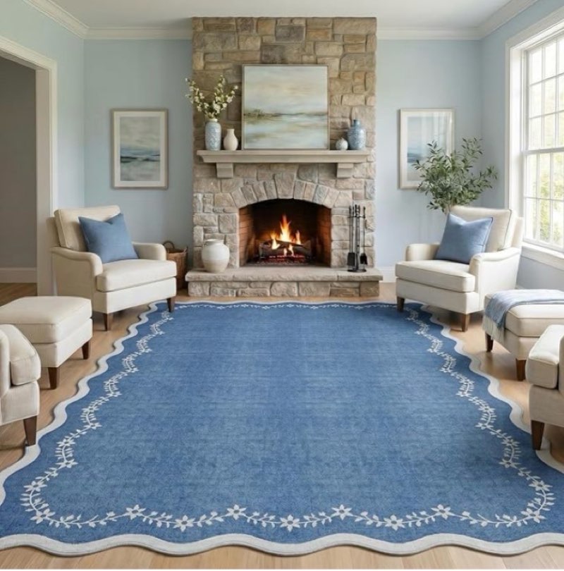 garveehome scalloped area rugs 8x10 for living room, solid blue large washable rug soft non slip backing floor mat carpet indoor thin rug for bedroom dining room playroom nursery home decor navy blue 8' x 10' (rectangular)