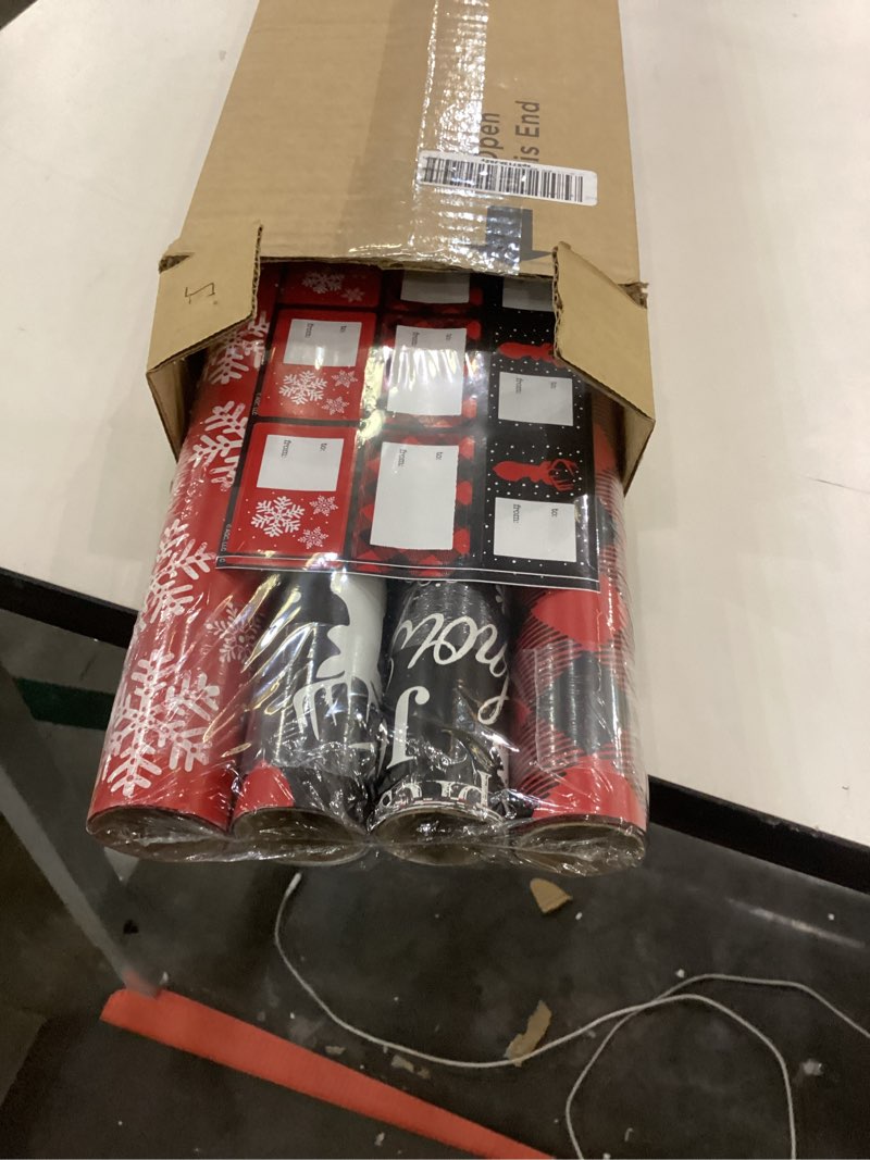 Condition photo showing New/Like New for American Greetings Christmas Wrapping Paper, Red and Black Buffalo Plaid Holiday Gift Wrap Set (120 sq.ft., 4 rolls-30 in. x 12 ft., 7 Adhesive Bows, 30 Gift Tag Stickers) Rustic, Snowflakes, Reindeer