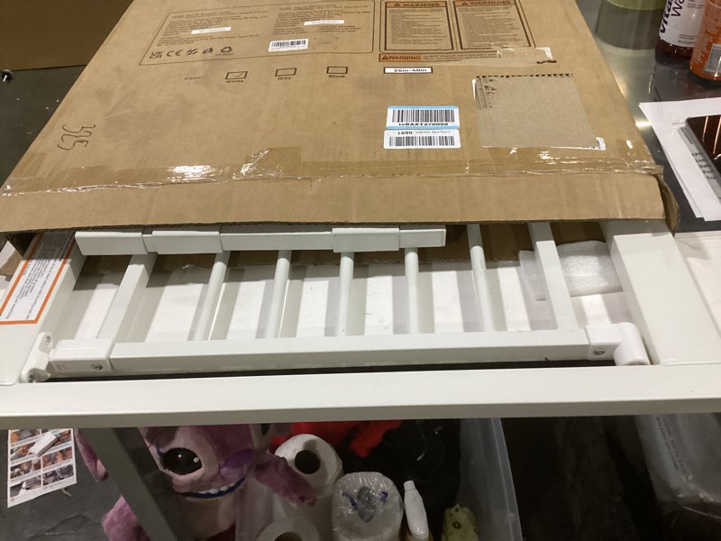 Condition photo showing As Is for babelio safety gate door fits for stairs, narrow and wide doorways with auto close, easy install, no drilling, pressure mounted for baby, child, pets, dog/puppy, 26''-40'', white white 30"tall 26"-40" wide