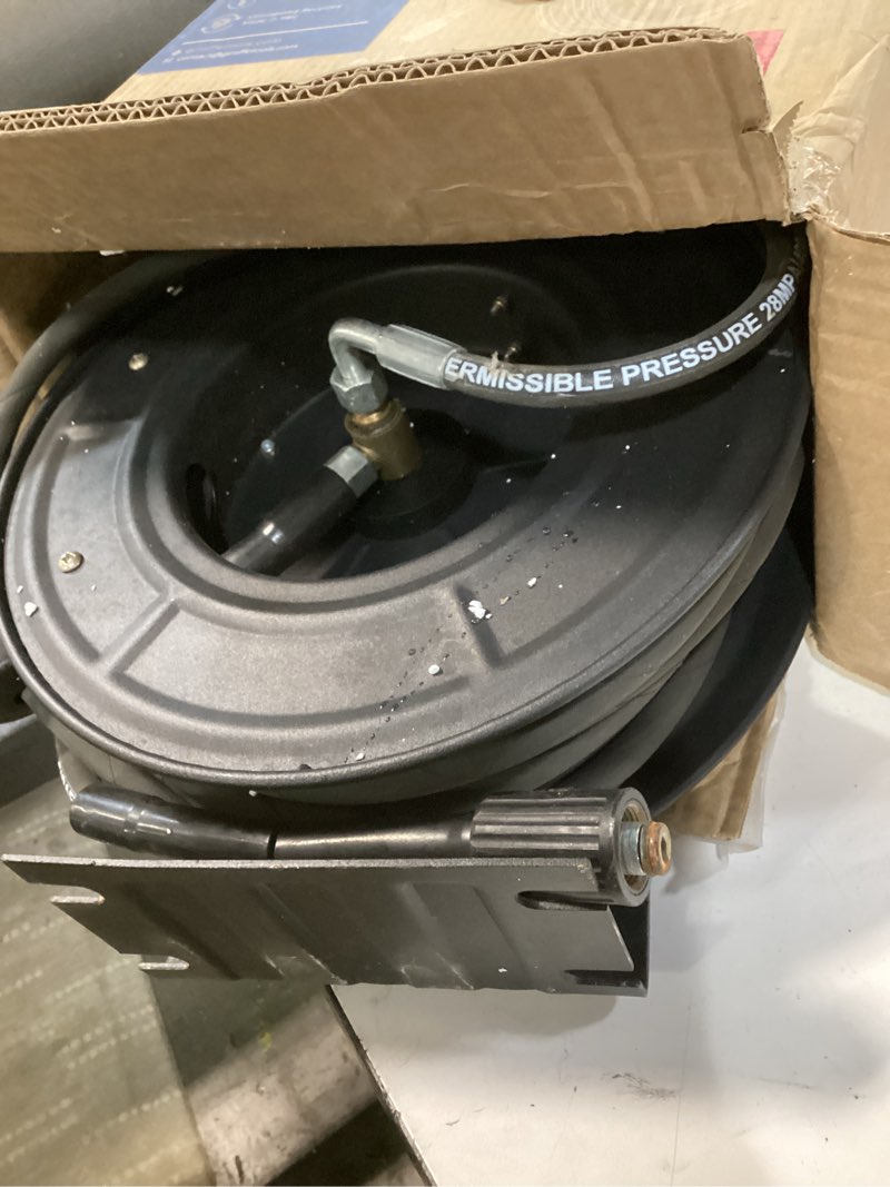 Condition photo showing As Is for Giraffe Tools Pressure Washer Hose Reel with 60ft Replaceable Hose, Power Washer Retractable Hose Reel, Heavy Duty, Wall/Floor Mounted, 4000 PSI