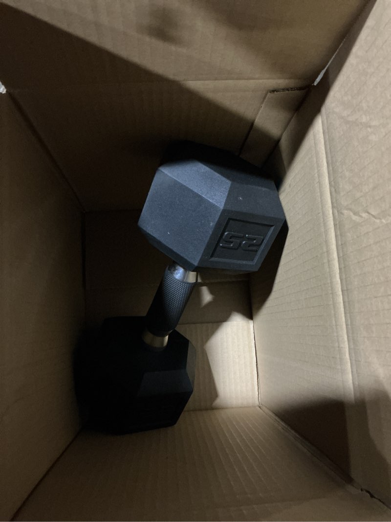 Condition photo showing As Is for york pvc hex dumbbell, chrome ergo handle 5 lb.