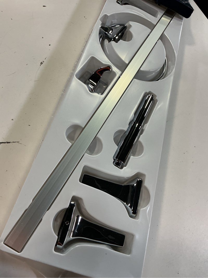 Condition photo showing Good Condition for project source 4-piece seton chrome decorative bathroom hardware set with towel bar, toilet paper holder, towel ring and robe hook
