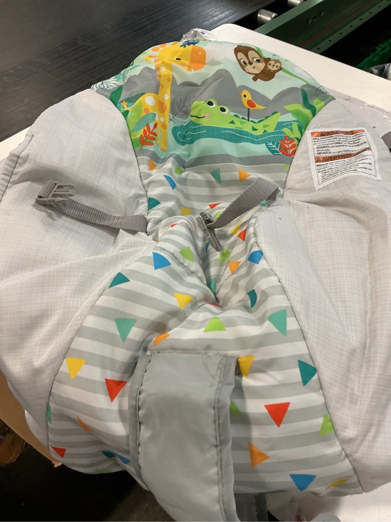 Condition photo showing As Is for bright starts baby bouncer soothing vibrations infant seat - removable -toy bar, nonslip feet, 0-6 months up to 20 lbs (safari fun)