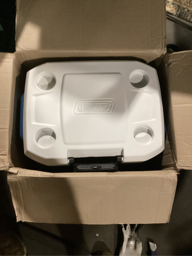 Condition photo showing New/Like New for coleman xtreme 50qt rolling cooler with wheels, extra-walled insulation keeps ice up to 5 days, portable wheeled hard chiller blue cooler