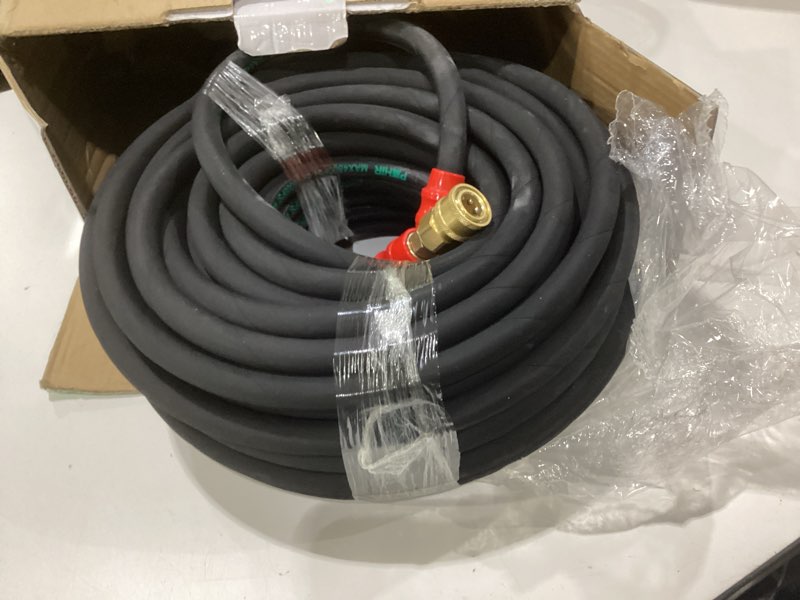 Condition photo showing New/Like New for pohir pressure washer hose 100 ft 3/8 inch for cold and hot water 248°f end 3/8'' quick connect, 4800psi kink resistant industrial grade steel wire braided, 2pcs m22-14mm swivel to 3/8'' adapter kit 100ft