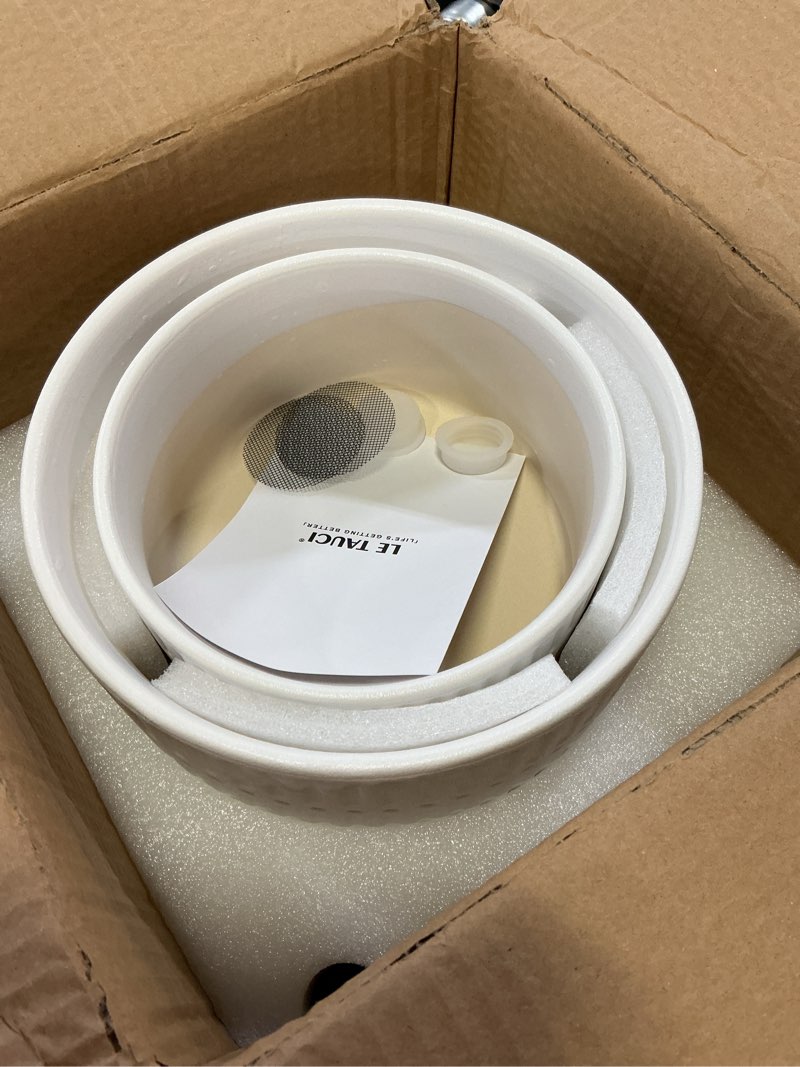 Condition photo showing Good Condition for le tauci succulent pots, 6.5+8 inch ceramic indoor plant pot with drainage hole, shallow round succulent planters, set of 2, matte white
