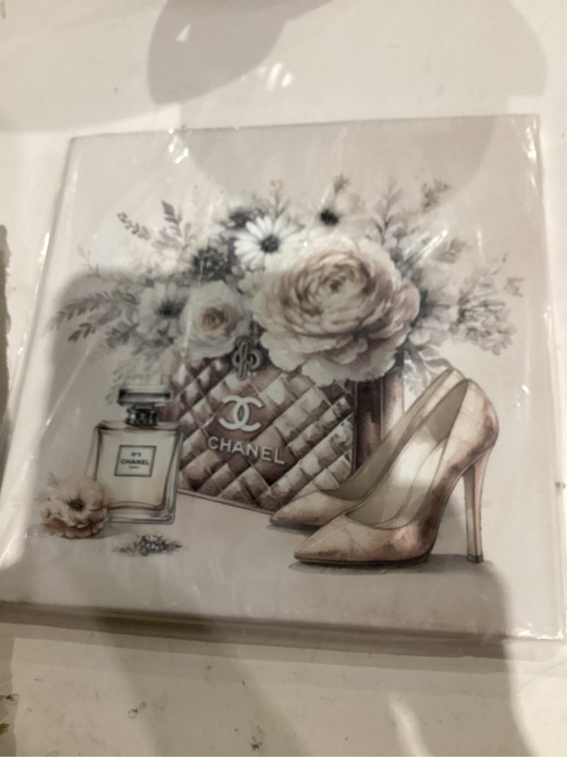 Condition photo showing Good Condition for cozy country Chanel-Inspired Canvas Wall Art - 12x12 Inches Luxury Fashion Artwork Print, Featuring Perfume, Handbags, High Heels & Flowers, Perfect for Bathroom & Lady's Room Decor High Heels picture 12"L x 12"W