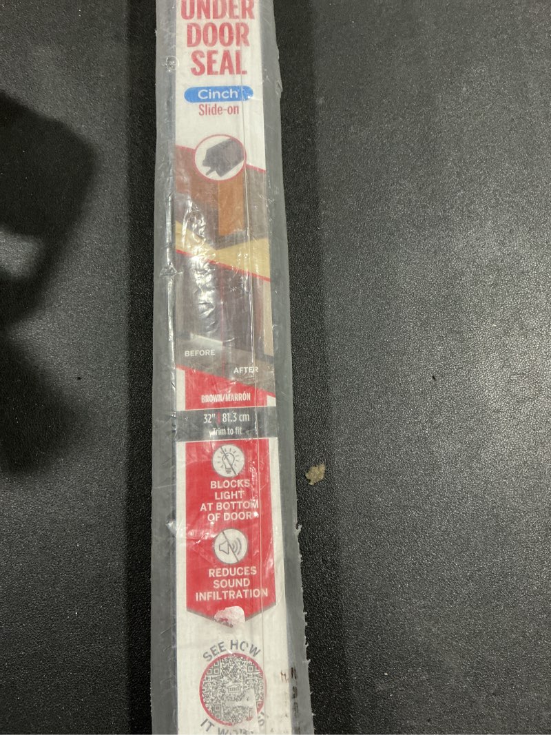 Condition photo showing Good Condition for M-D Building Products Vinyl Cinch U-Shape Door Bottom Seal, Slide-On Weatherstripping Draft Stopper, Easy to Install, Fits 32” x 1-3/8” Doors, Fills 1/2”- 1-1/2” Gaps, 43399, Brown Brown 32 Inch 1