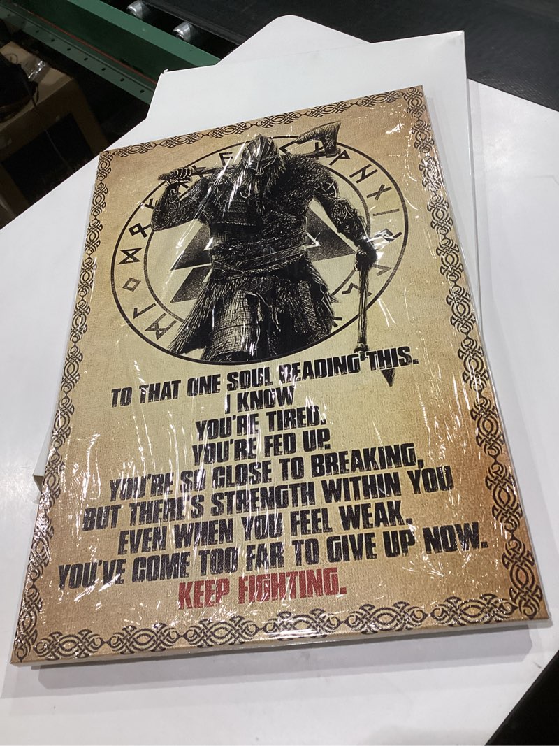 Condition photo showing Good Condition for canvas motivational quotes wall decor 'keep fighting' inspirational poster viking wall art prints vintage pictures vertical painting home office decor framed 16x24 inch(40x60cm)