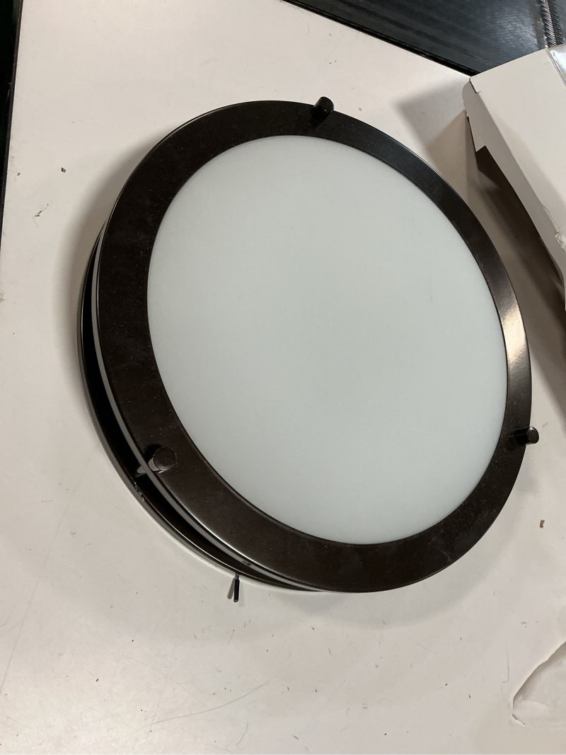 Condition photo showing Good Condition for better homes & gardens classic 12" bronze living room flush mount ceiling light, frosted glass no bulb