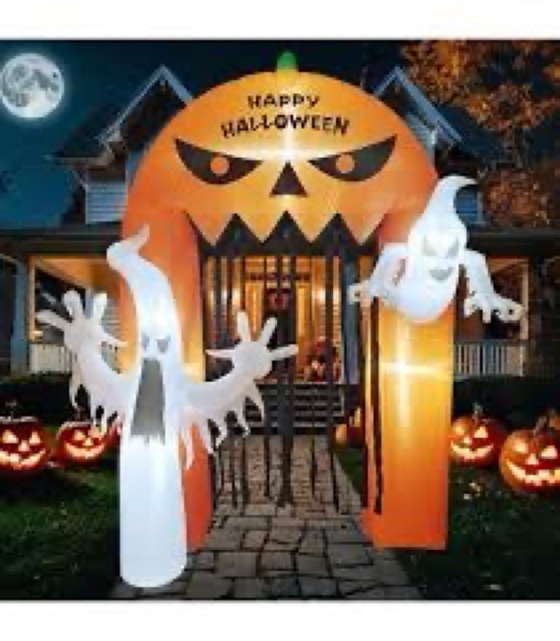 blowout fun decoraciones de halloween inflables de halloween de 9 pies, decoración de arco de calabaza, decoraciones grandes de patio con soplador integrado y luces led de fuego, inflables de