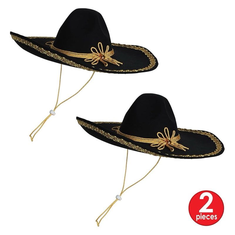 Beistle Set of 2 Felt Sombreros- Black and Gold Mexican Mariachi Headwear for Fiestas and Cinco De M