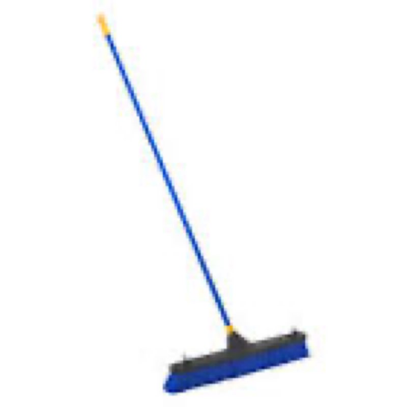 quickie bulldozer multi-surface push broom 24 inch, blue, steel handle with swivel hang-up feature, indoor and outdoor cleaning, sweep sidewalks/warehouses, dirt, debris