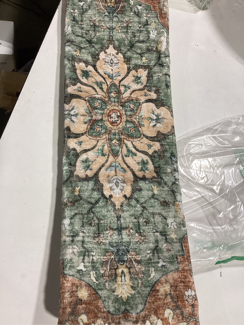 Condition photo showing Good Condition for releany area rugs round 8ft washable non-slip, floral vintage distress medallion carpet for living room bedroom dining room, terracotta burnt orange green brick/brown/green 8' (round)