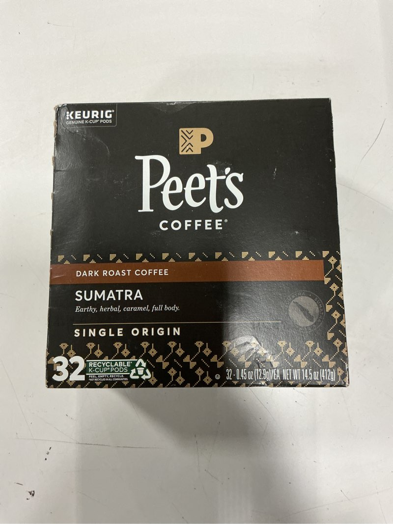 Condition photo showing New/Like New for Peet's Coffee, Dark Roast Single Serve Coffee Pods - Single Origin Sumatra 32 Count (1 Box of 32 Pods) Single Origin Sumatra 32 Count (Pack of 1)( BB: 11/Dec/2025)