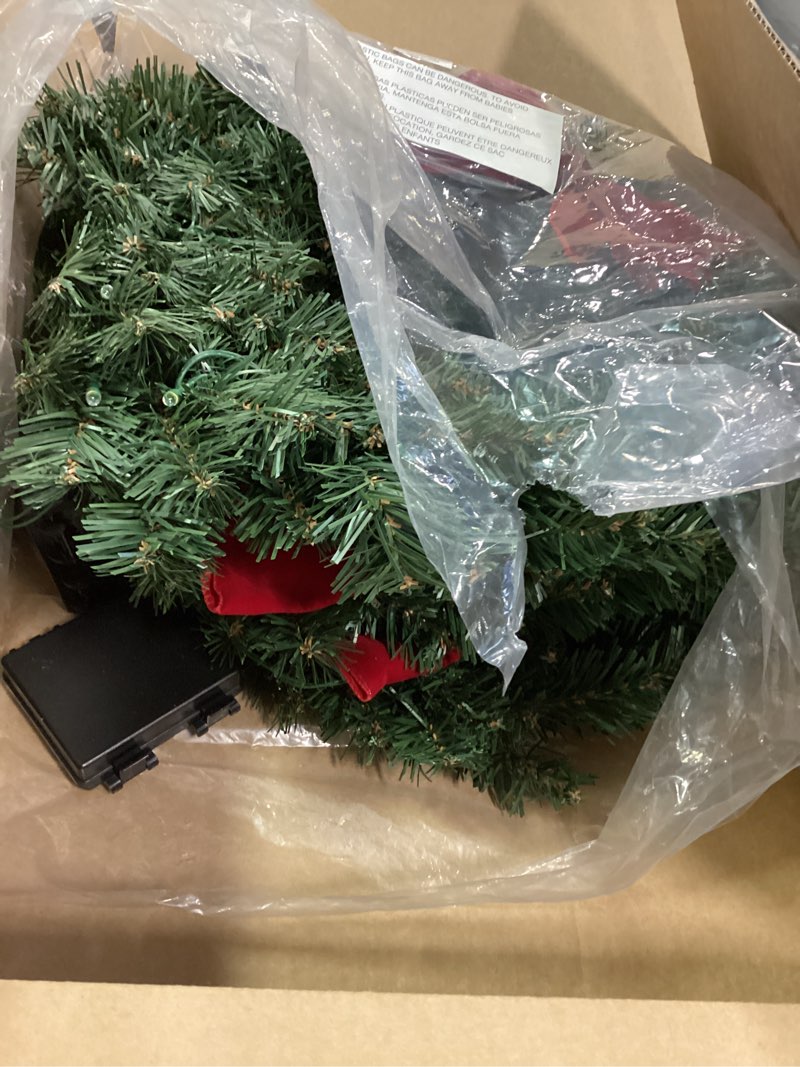 Condition photo showing Good Condition for Set of 3 Artificial Pre-Lit Balsam Pine Christmas Wreaths with Red Bows, 16 Inches, Battery Operated with Timers