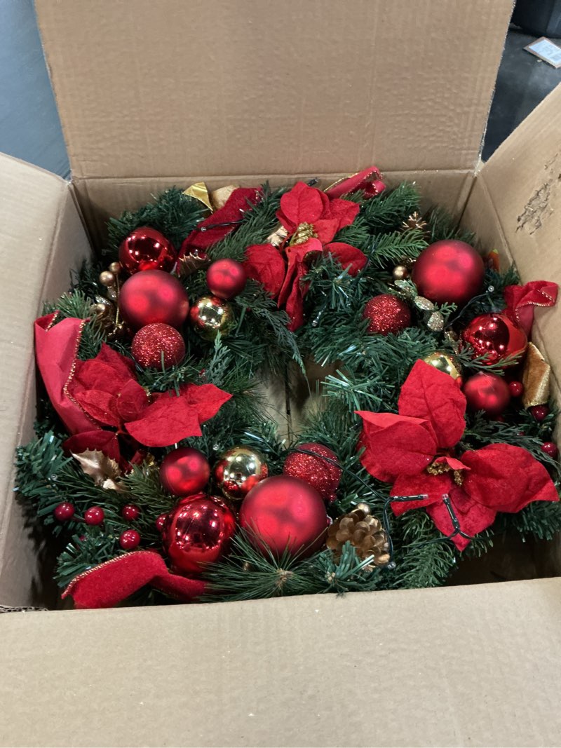 Condition photo showing Good Condition for Pre-Lit Christmas Wreath for Front Door, 24 Inch Large Xmas Wreath for Holiday Decor, Battery Operated Xmas Lighted Wreath with Flower, Ball Ornaments & 20 LED Lights for Fireplace Window