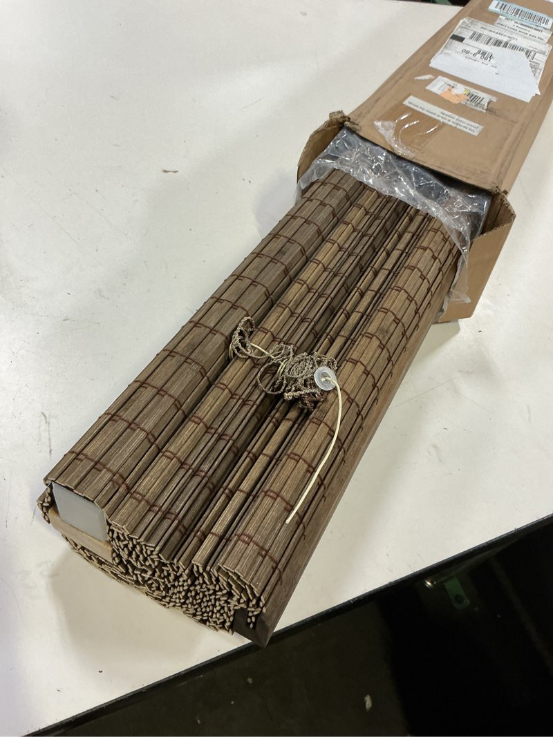 Condition photo showing As Is for lazblinds no tools no drill cordless bamboo roman shades, privacy window treatment, roll up bamboo blinds for windows 32'' w x 64'' h, driftwood privacy-driftwood 32" w × 64" h