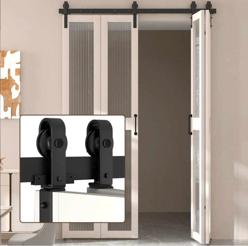 Enconker 60" Bi-Folding Sliding Barn Door Hardware Kit for 4 Doors, Modular Track System with Side-Mounted Rollers, Smooth and Space-Saving Folding Solution, Fit 4 x 14in Door Panel