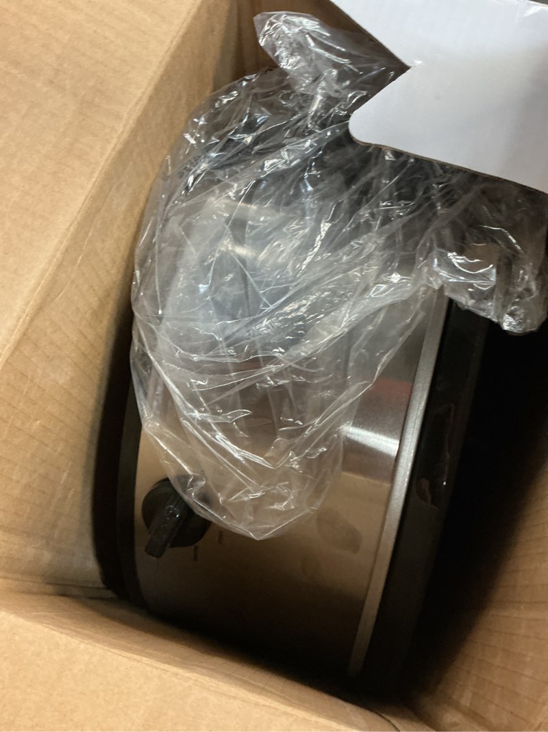 Condition photo showing As Is for mainstays 6 quart oval slow cooker, stainless steel finish, glass lid, model # ms54100112168s