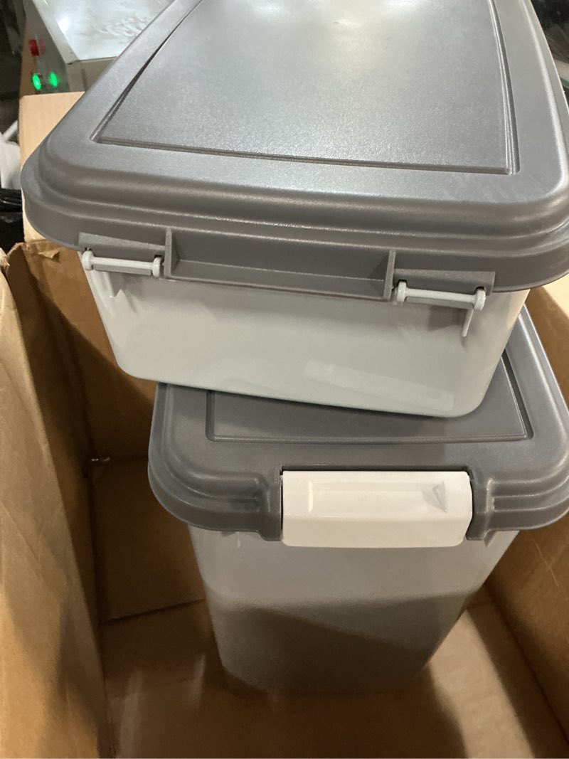 Condition photo showing As Is for IRIS USA Dog Food Storage Container, 30 lbs & 11 lbs Combo, Cat Food Storage Container, Dog Treat Container, Airtight, Stackable, 2-Cup Scoop, Wheels, Easy Mobility, Gray