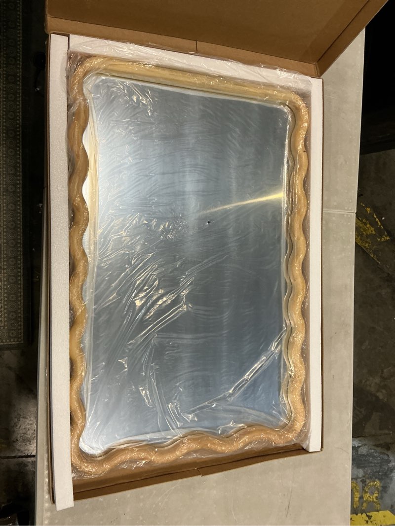 Condition photo showing Good Condition for wavy mirror for wall, 30"x20" boho bathroom vanity mirror with wooden frame, for bedroom, living room, entryway, farmhouse natural 30"l x 20"w