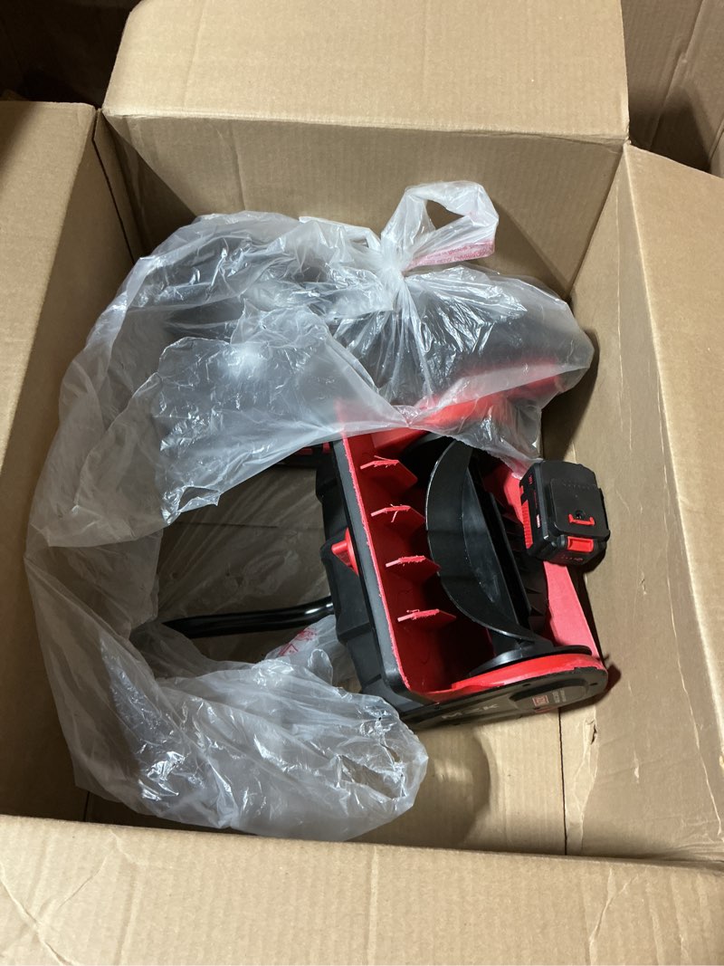 Condition photo showing As Is for mzk cordless snow shovel, 20v 13-inch battery powered snow thrower, battery snow blower with directional plate & adjustable front handle(4.0ah li-ion battery & fast charger included)