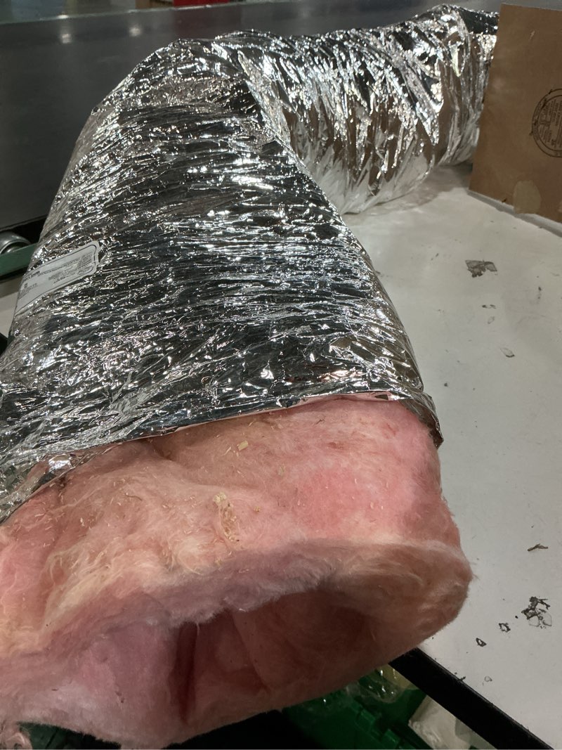 Condition photo showing As Is for 6 inch insulated flexible duct r6 silver jacket 25 feet long with 2 clamps,used in standard heating and air conditioning (hvac)